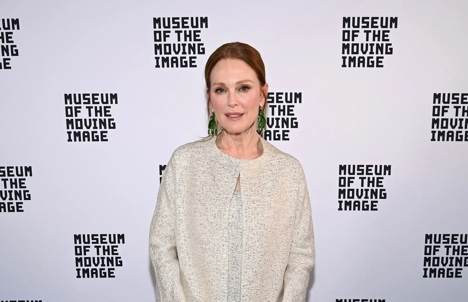 Julianne Moore at the Museum of the Moving Image event in a textured cream coat, honoring Todd Haynes in New York City.