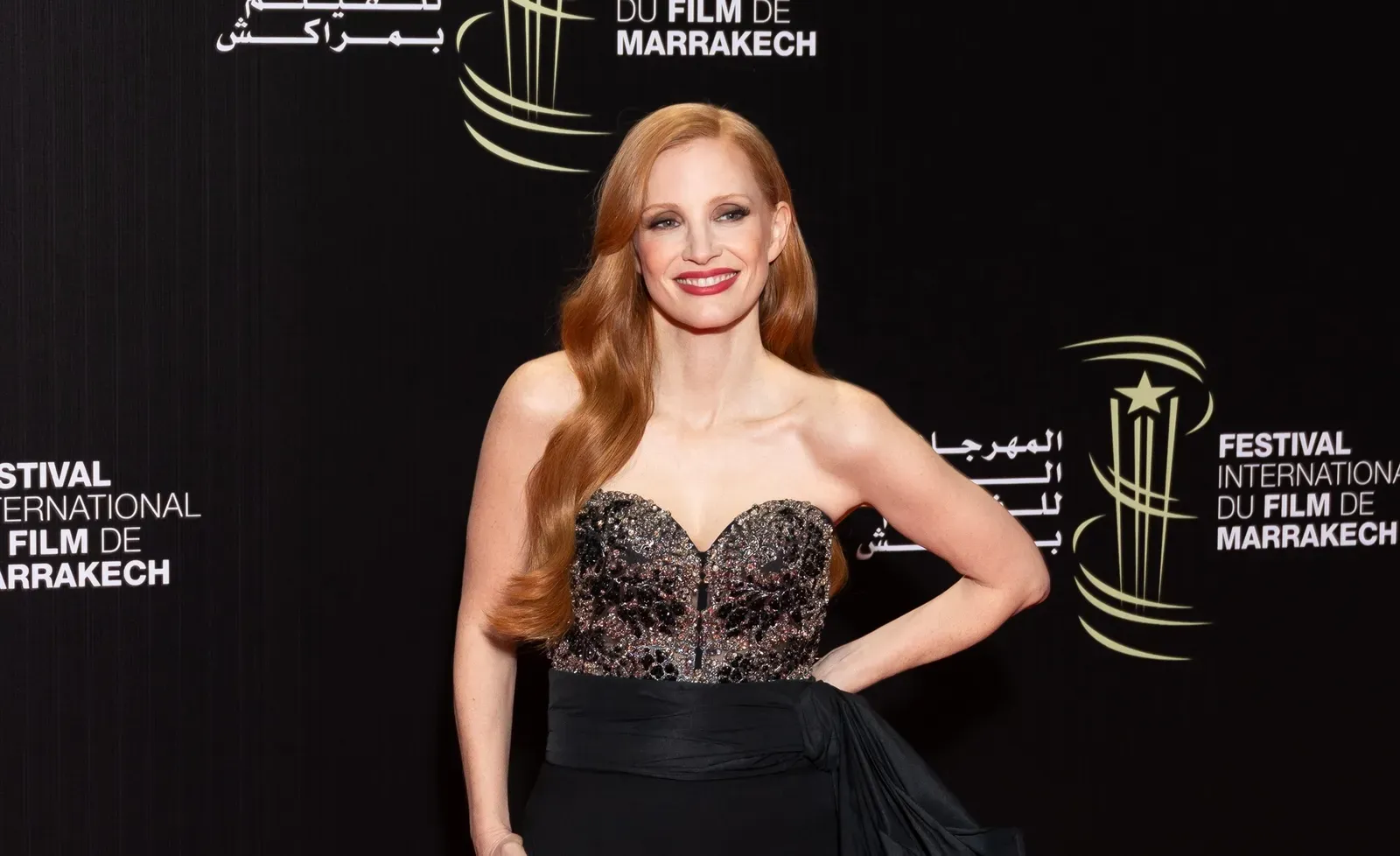 Jessica Chastain, Jury President, exudes classic sophistication at the Marrakech International Film Festival in an exquisite Alexander McQueen creation.