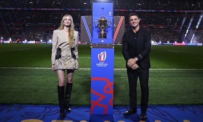 Dan Carter and Sophie Turner Unveil the Webb Ellis Trophy in Louis Vuitton Glory at Rugby World Cup France 2023