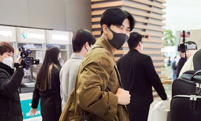 RM is seen wearing Bottega Veneta at the Incheon airport in Seoul