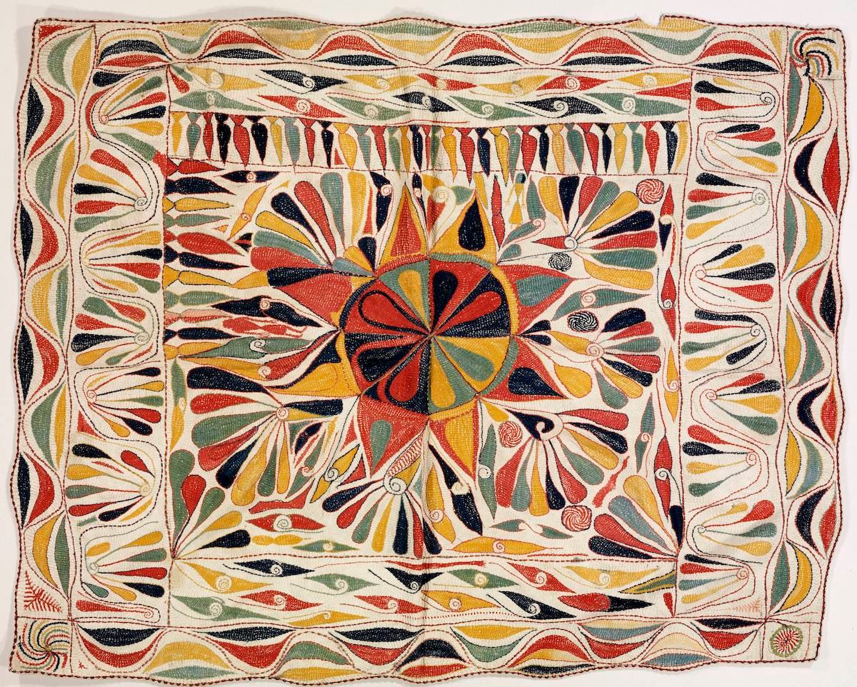Indian, Bengal, Kantha, early 20th century, embroidery on cotton, 39 x 31.5 in. (99.06 x 80 cm), Banoo and Jeevak Parpia Collection.