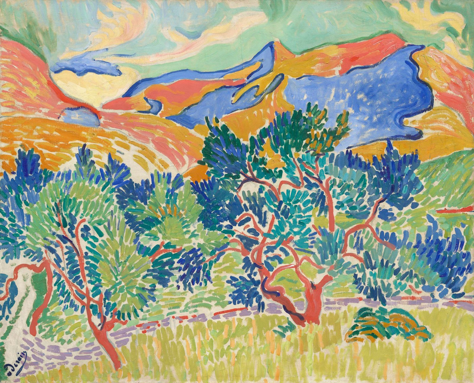 "Mountains at Collioure" by André Derain, an exuberant Fauvist landscape featuring rolling hills and trees in a riot of bright colors, with blue, green, yellow, and red dominating the canvas.