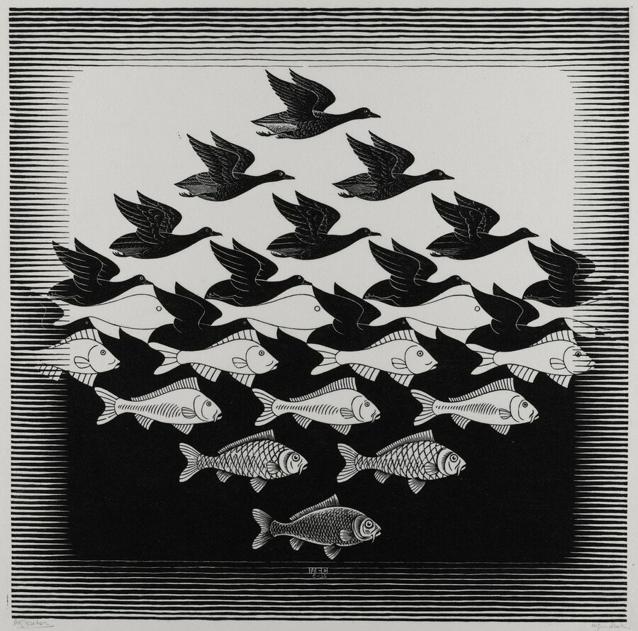M.C. Escher, Sky and Water I, June 1938, woodcut. Courtesy of Michael S. Sachs.
All M.C. Escher works © The M.C. Escher Company, The Netherlands. All rights reserved.