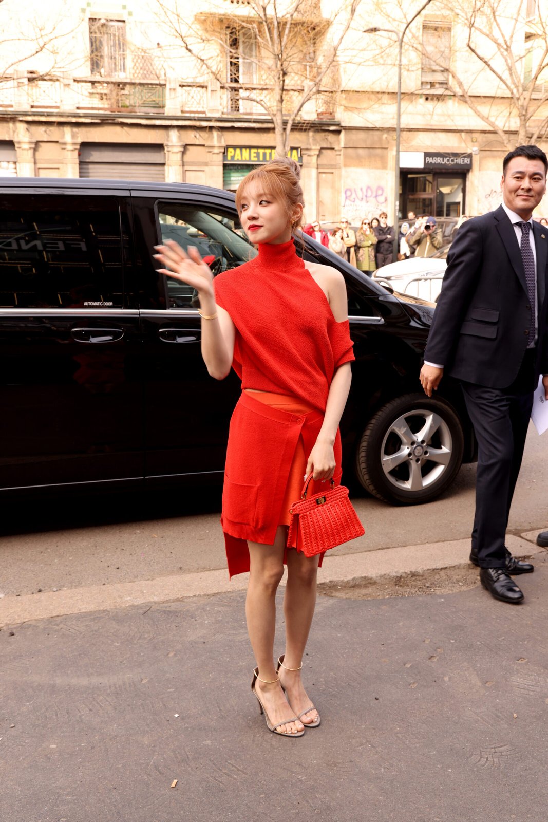 Song Yuqi arrives to the Fendi showcase. (Photo by Pietro S. D'Aprano/Getty Images for Fendi)