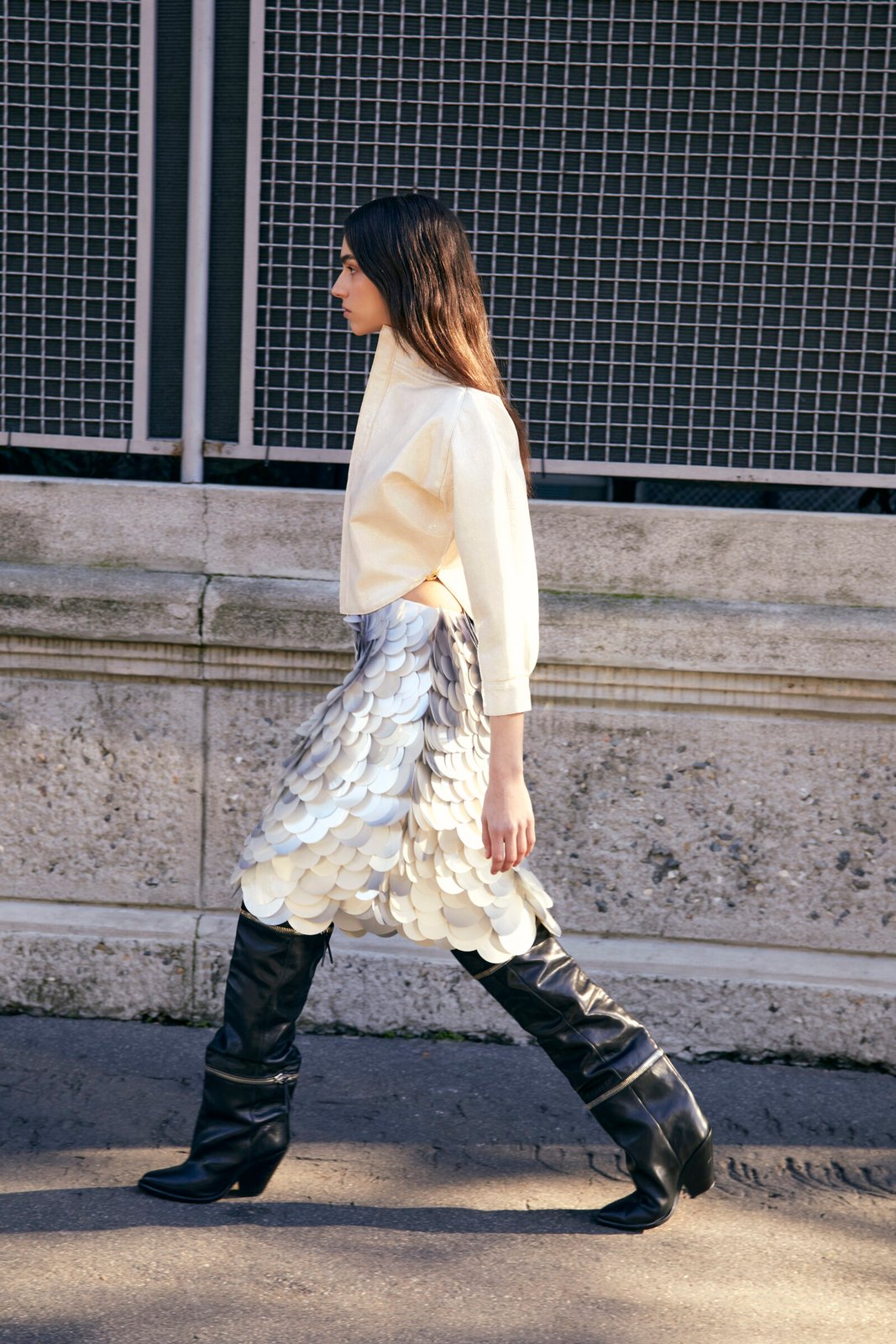 Full look by LOUIS VUITTON, shoes by ISABEL MARANT, jewelry by FONTENNOY