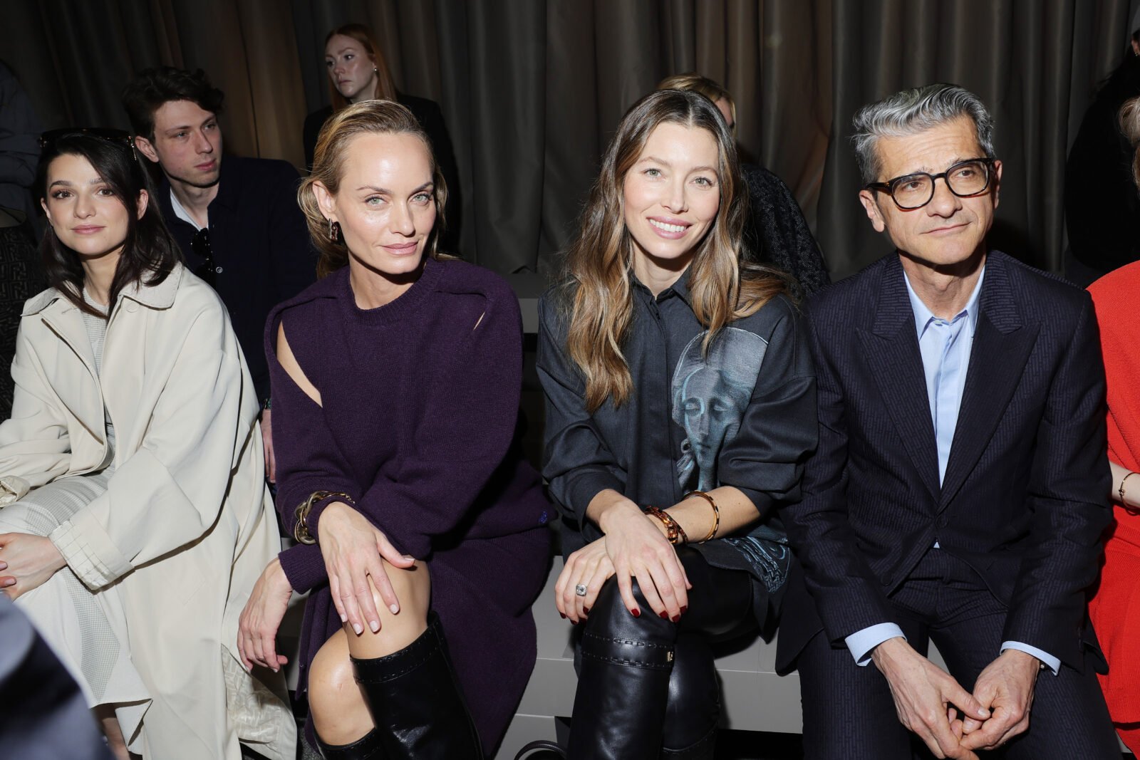 Marisa Abela, Amber Valletta, Jessica Biel and Serge Brunschwig attend the Fendi showcase. (Photo by Jacopo M. Raule/Getty Images for Fendi)