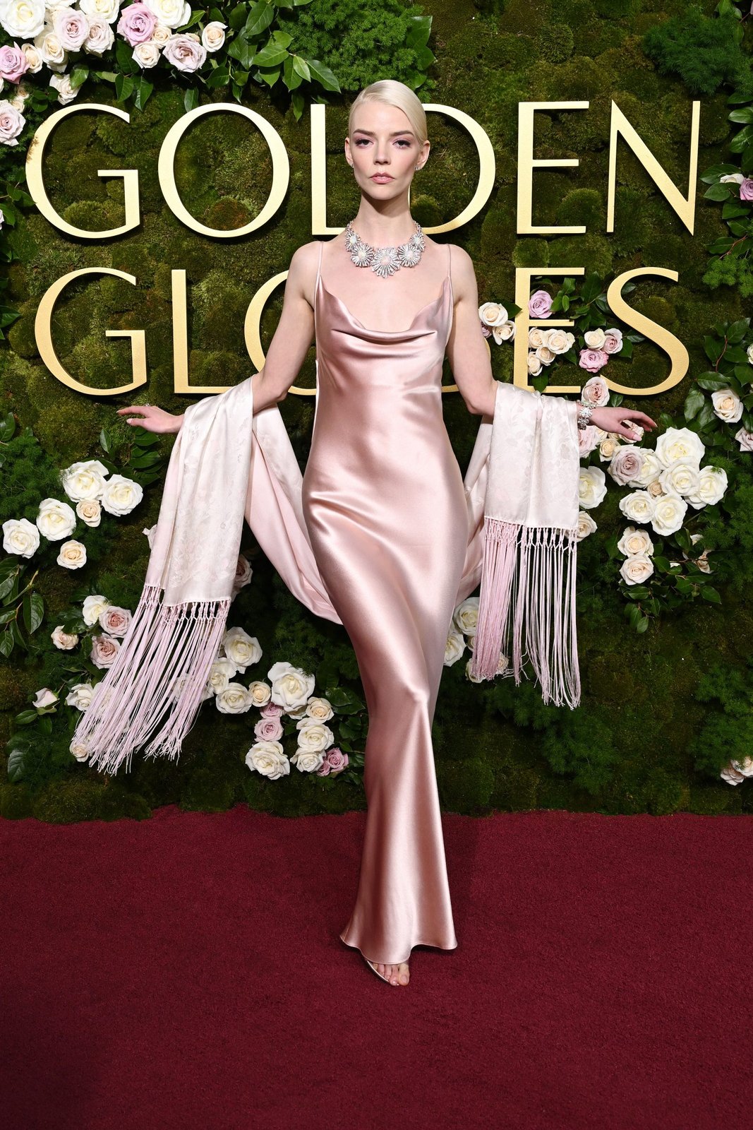 Anya Taylor-Joy wore an archival Dior pale pink silk dress. Makeup by Dior Beauty. (Photo: Getty Images)