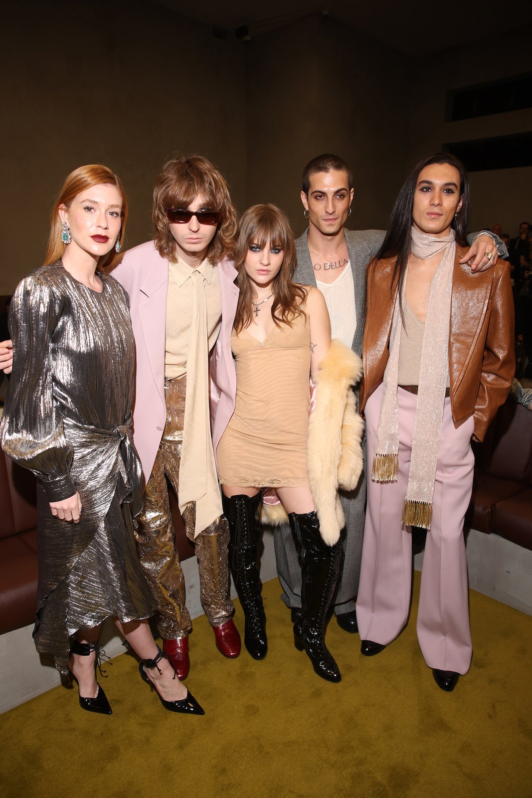 (L-R) Marina Ruy Barbosa and Thomas Raggi, Victoria De Angelis, Damiano David and Ethan Torchio of the band Maneskin