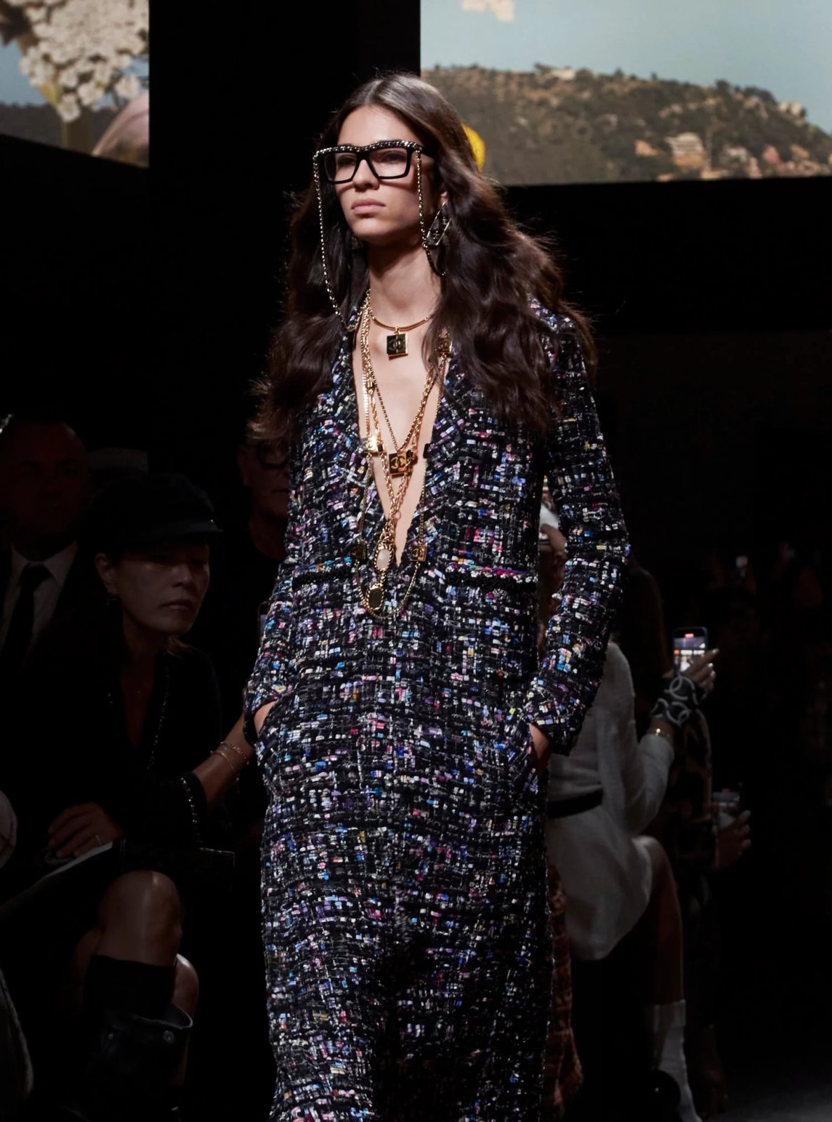 A model dons the stained glass-inspired Chanel jumpsuit, adorned with the house