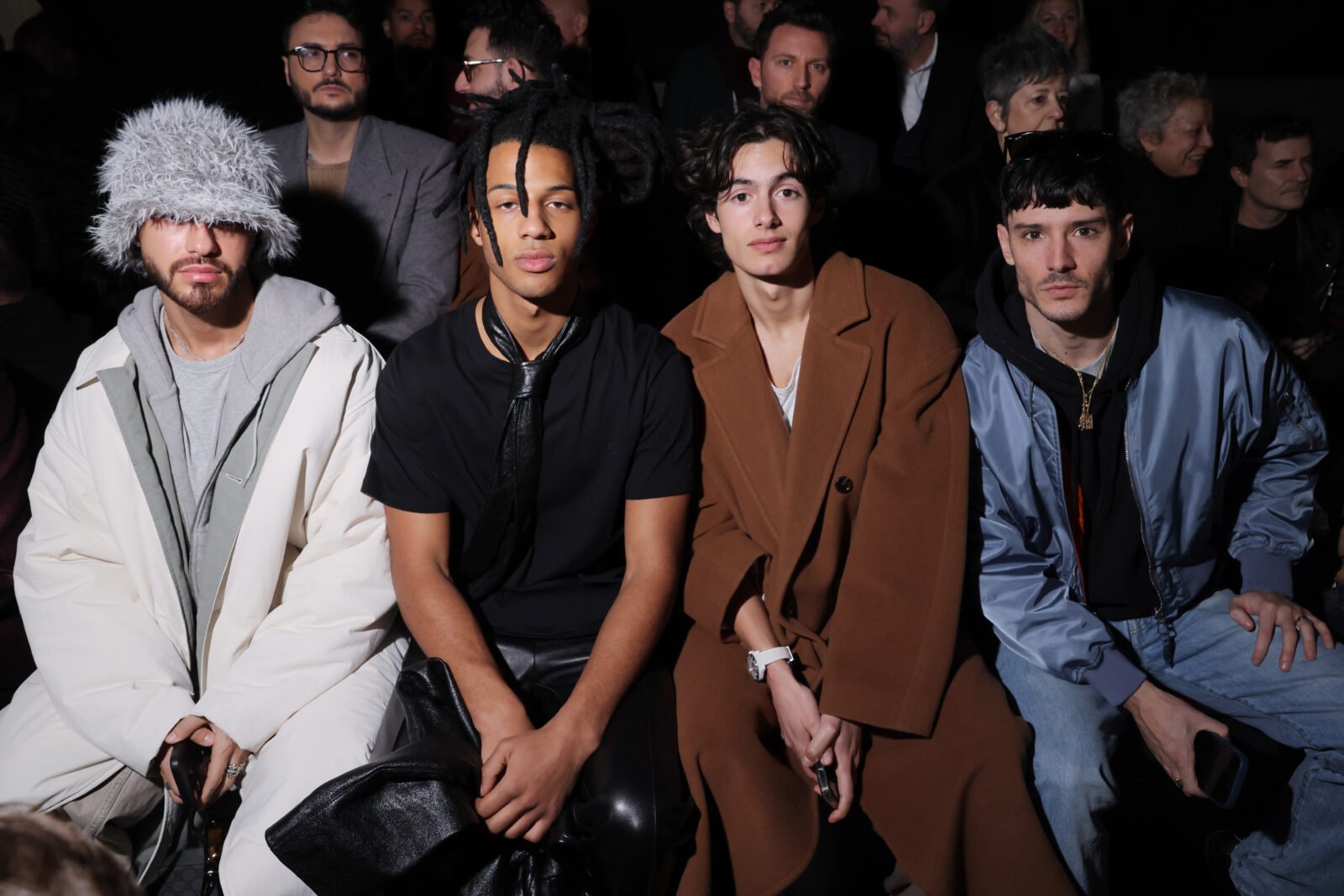 Dimistris Kad, Sharl ,Callum Mullin and Diego Barrueco attend the Gucci Ancora Fashion Show during Milan Fashion Week