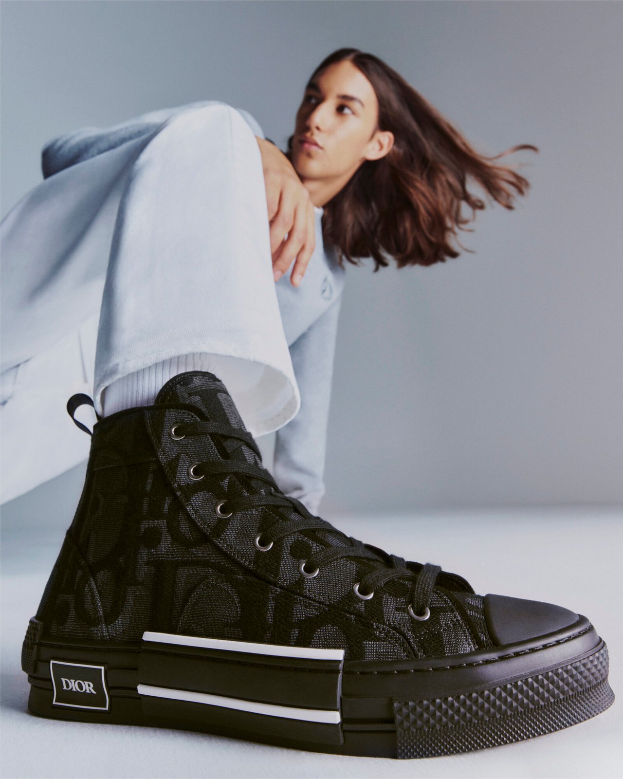 The iconic DIOR B23 sneaker featuring the Maxi DIOR Oblique pattern, illustrating the brand