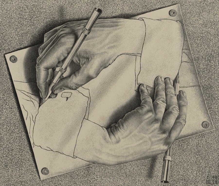 M.C. Escher, Drawing Hands, January 1948, lithograph. Courtesy of Michael S. Sachs. All M.C. Escher works © The M.C. Escher Company, The Netherlands. All rights reserved.