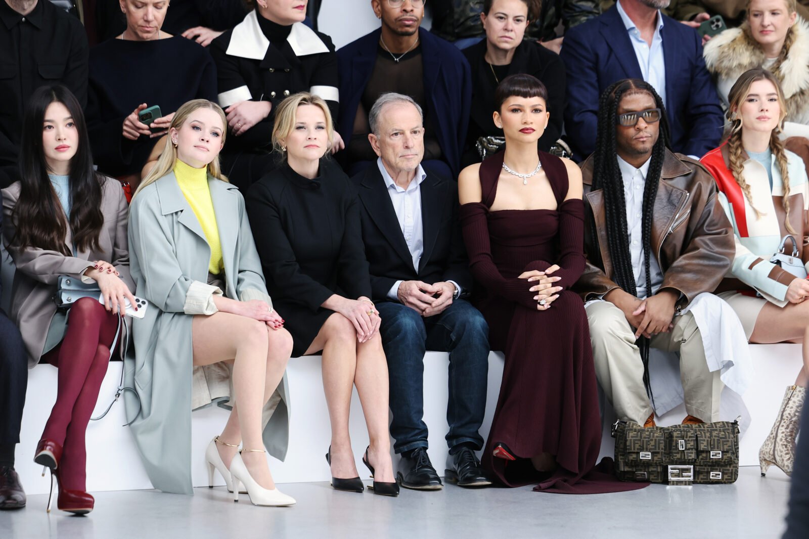(L-R) Hyekyo Song, Ava Philippe, Resse Witherspoon, Michael Burke and Zendaya attend the Fendi Haute Couture Spring/Summer 2024 show as part of Paris Fashion Week on January 25, 2024 in Paris, France.