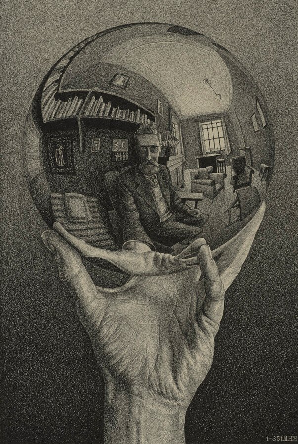 M.C. Escher, Hand with Reflecting Sphere, January 1935, lithograph. Courtesy of Michael S. Sachs. All M.C. Escher works © The M.C. Escher Company, The Netherlands. All rights reserved.