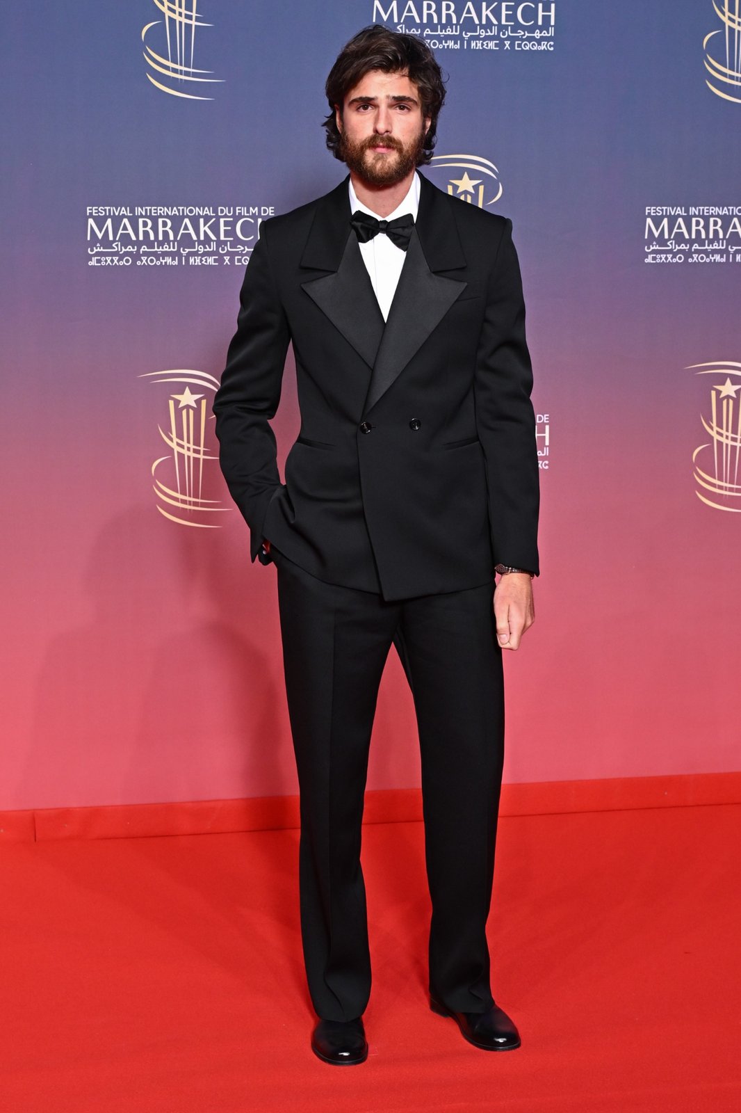 Jacob Elordi appears in a custom Bottega Veneta double-breasted tuxedo with architectural lapels and lace-up shoes at the opening ceremony of the 21st Marrakech International Film Festival. (Photo: Courtesy of Bottega Veneta)