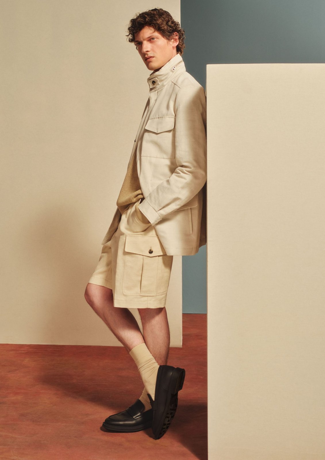 Loro Piana Traveler Rain System® Cotton and Linen-Blend Field Jacket; Ribbed Cotton Henley Sweater; Bizen Wide-Leg Cotton and Linen-Blend Canvas Cargo Shorts; Travis Leather Penny Loafers