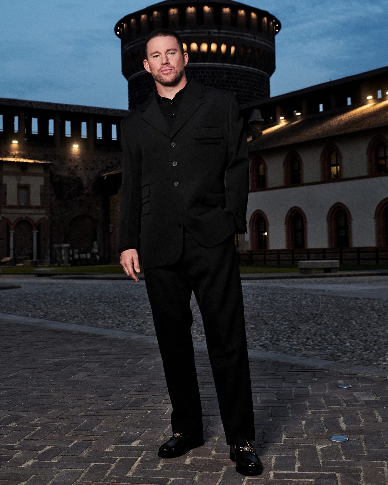Channing Tatum attends the Versace Spring-Summer 2025 Runway show at Milan Fashion Week.