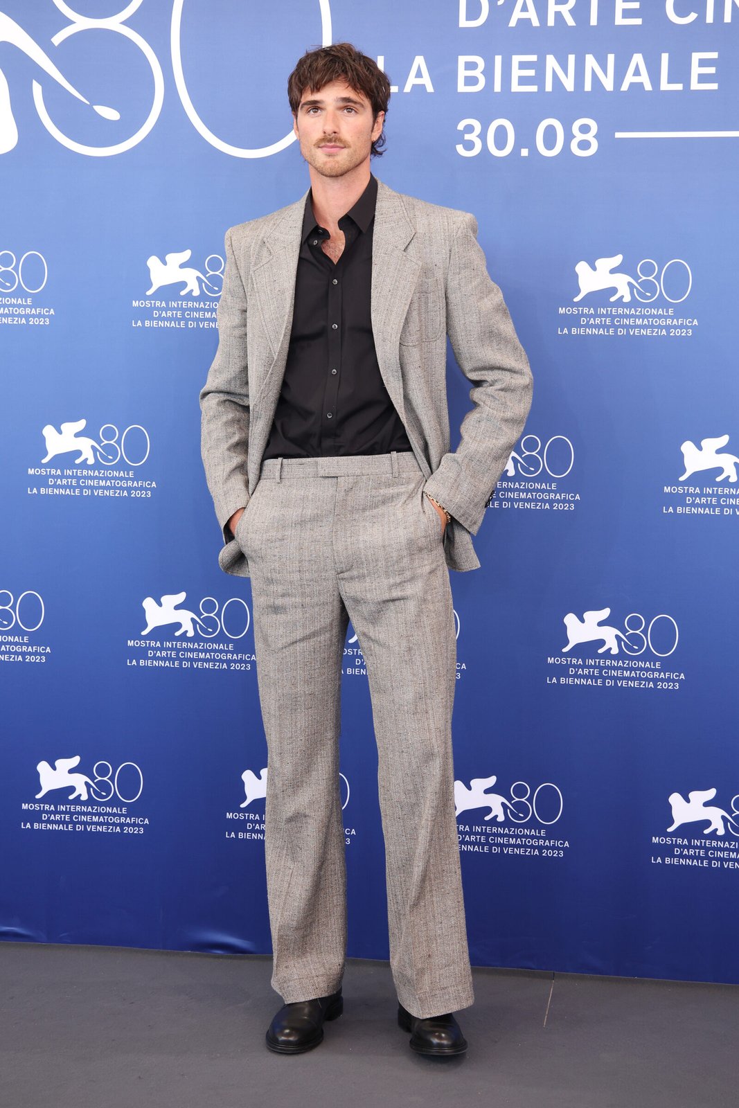 Jacob Elordi wears Bottega Veneta to "Priscilla" premier at the 80th Venice International Film Festival on September 04, 2023 in Venice, Italy. (Photo by Daniele Venturelli/WireImage; courtesy of Bottega Veneta)