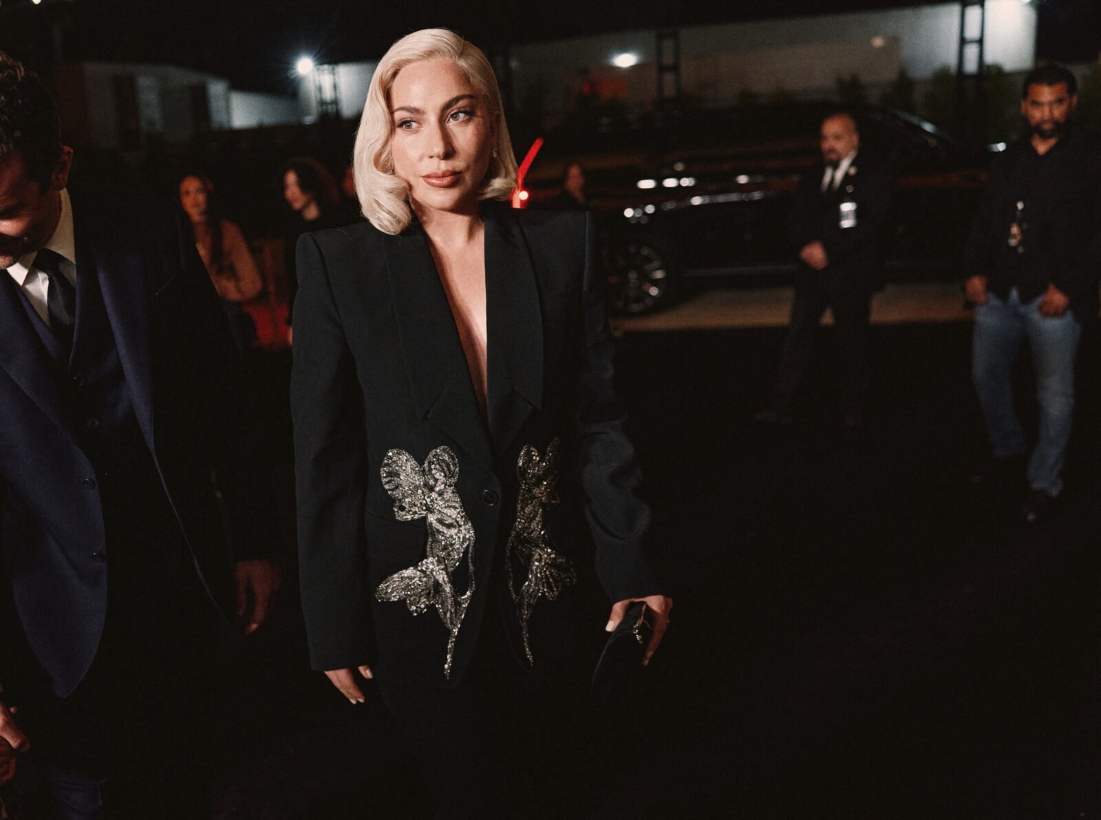 Lady Gaga dazzles in a bespoke Alexander McQueen ensemble, bringing her unique allure to the 'Maestro' premiere in Los Angeles. (Photo by Emilio Madrid/Getty Images for Netflix, courtesy of Alexander McQueen)
