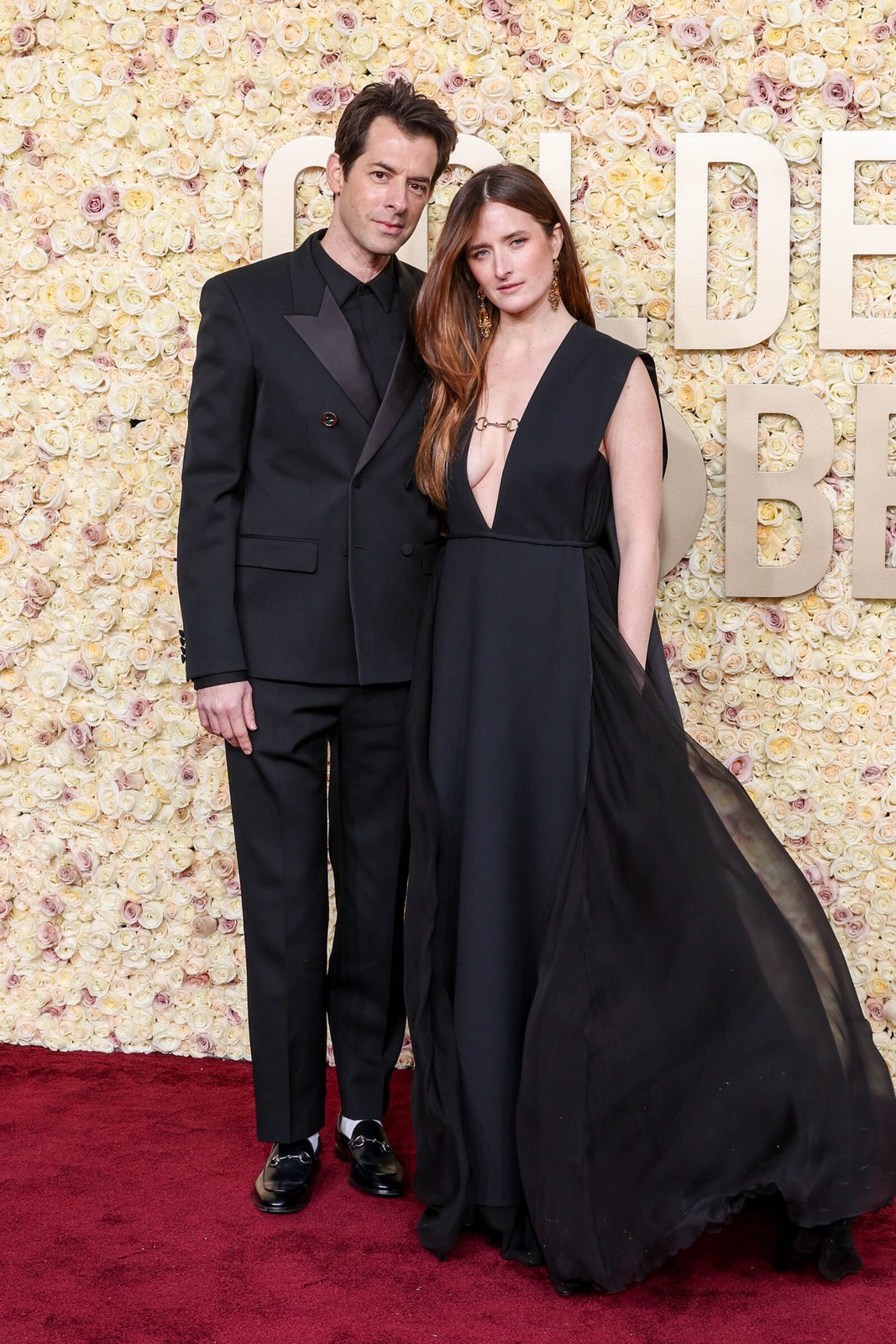 Mark Ronson, alongside Grace Gummer, exudes elegance in Gucci's custom attire at the Golden Globes, reflecting Sabato De Sarno's exquisite tailoring. (Photo by John Salangsang/Golden Globes 2024/Golden Globes 2024 via Getty Images)