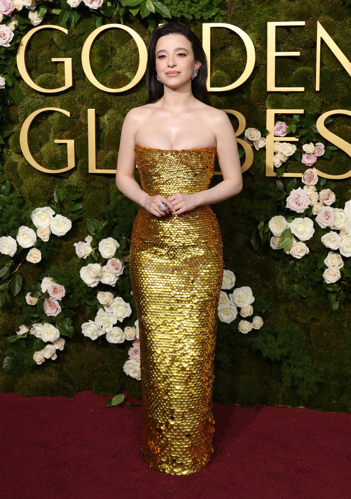 Mikey Madison, nominated for Best Actress in a Motion Picture Musical or Comedy, for Anora, wore a custom enameled sequin dress. (Photo: Kevin Mazur/Getty Images)