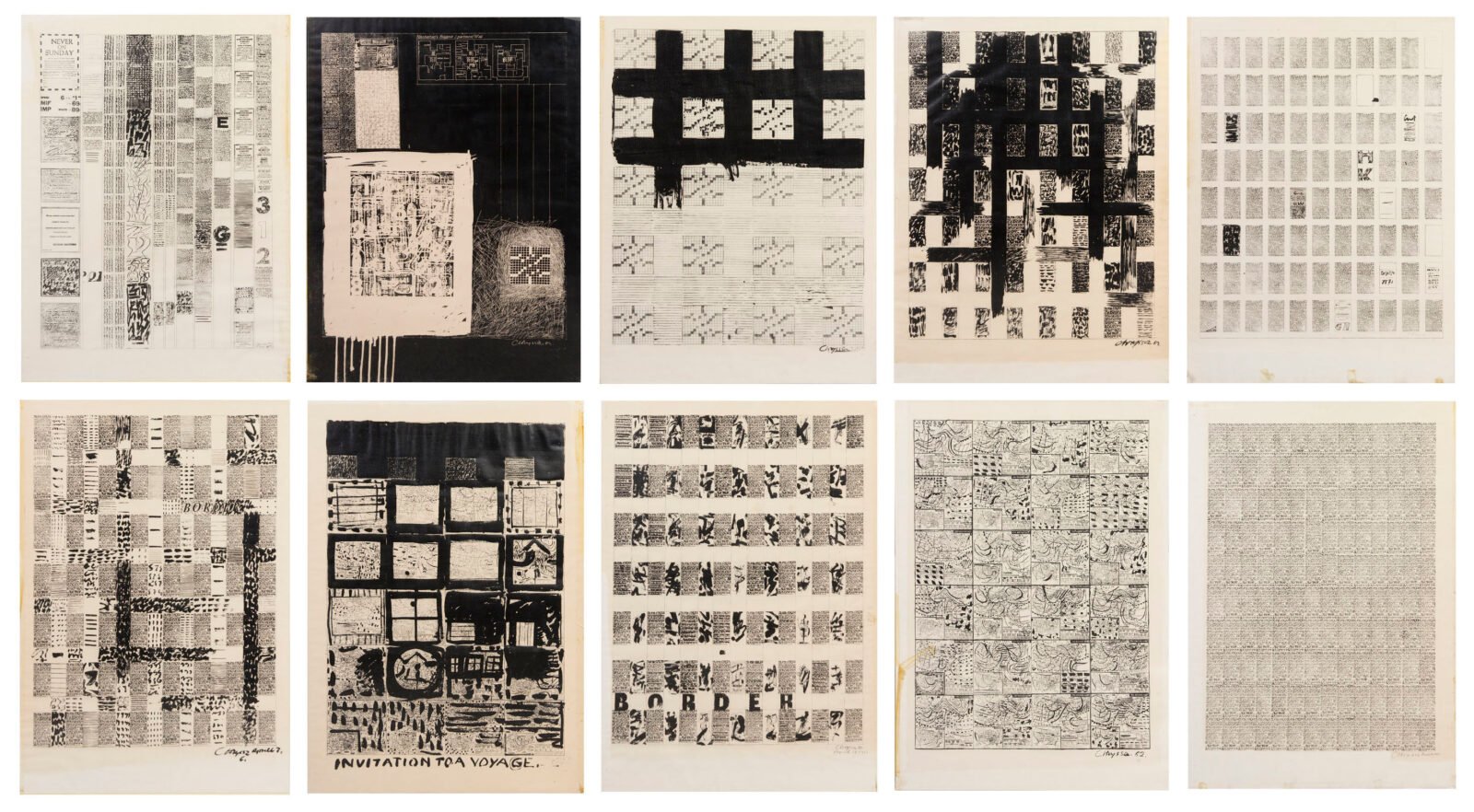 Chryssa Newspaper Portfolio, 1962 Silkscreen prints on coated cotton vellum, 22 parts Sheet (each): 34 1/4 × 24 in. (87 × 61 cm) Collection Irene Panagopoulos EX2023.CH.5.2