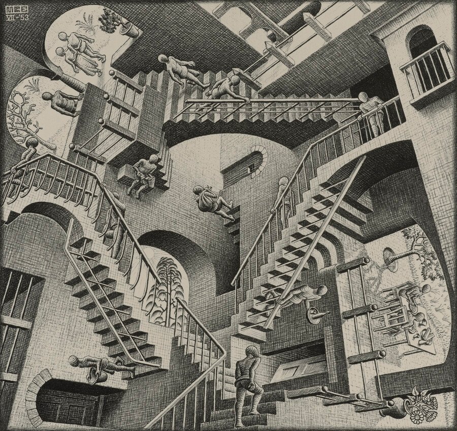 M.C. Escher, Relativity, July 1953, lithograph, Courtesy of Michael S. Sachs. All M.C. Escher works © The M.C. Escher Company, The Netherlands. All rights reserved.