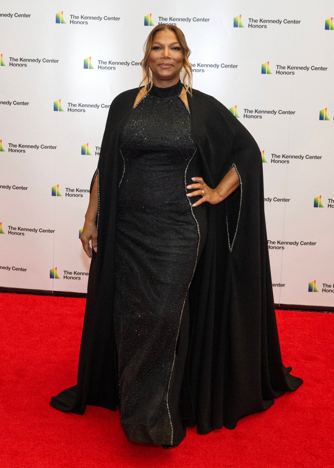Queen Latifah in a Tony Ward cape dress with embellishments. Image courtesy of Tony Ward.