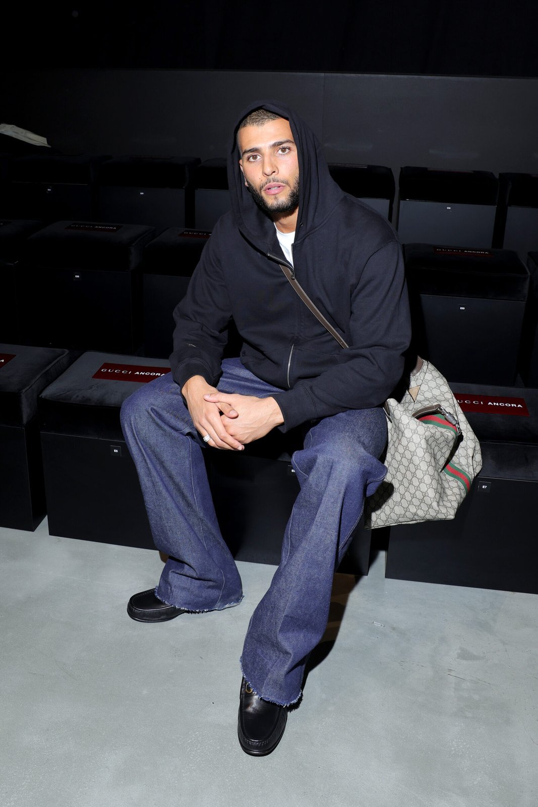 Younes Bendjima attends the Gucci Ancora Fashion Show during Milan Fashion Week Menswear Fall/Winter 2024-2025 on January 12, 2024 in Milan, Italy.
