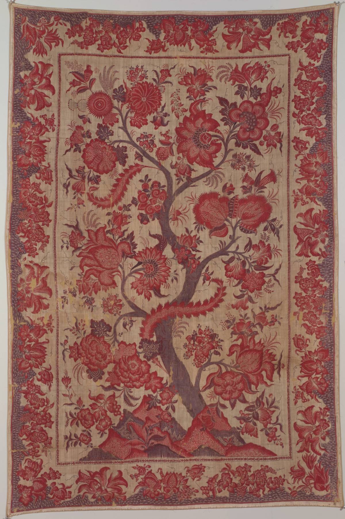 Indian, Coromandel Coast, Palampore, 18th century, cotton, hand-drawn, mordant-dyed and resist-dyed, 70 1/10 x 46 1/10 in. (180 x 119 cm), Banoo and Jeevak Parpia Collection. Indian, Coromandel Coast, Palampore, 18th century, cotton, hand-drawn, mordant-dyed and resist-dyed, 70 1/10 x 46 1/10 in. (180 x 119 cm), Banoo and Jeevak Parpia Collection.