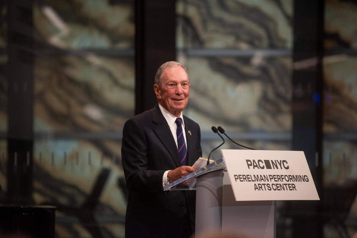 Michael R. Bloomberg, Chairman of the Board of PAC NYC, speaks at the opening event for Perelman Performing Arts Center, September 13, 2023, New York. Image: Scout Tufankjian