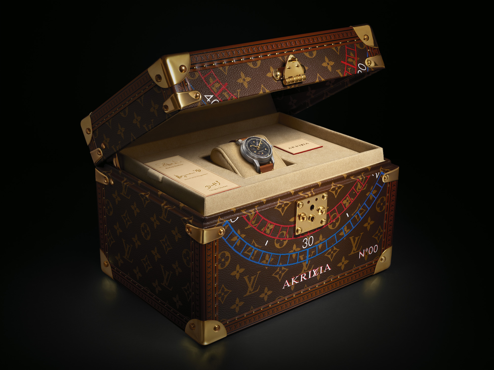 The LVRR-01 Chronographe à Sonnerie, impeccably presented in its hand-painted Louis Vuitton keepsake trunk.