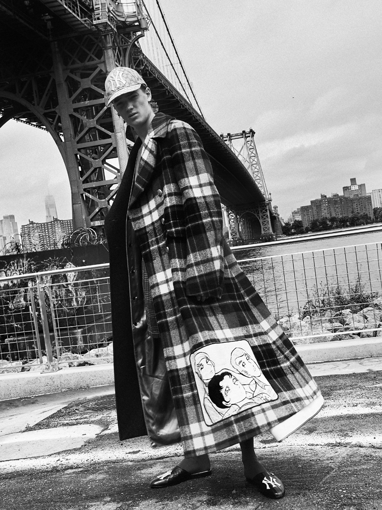 Coat, shirt, shorts, cap, and slippers by GUCCI