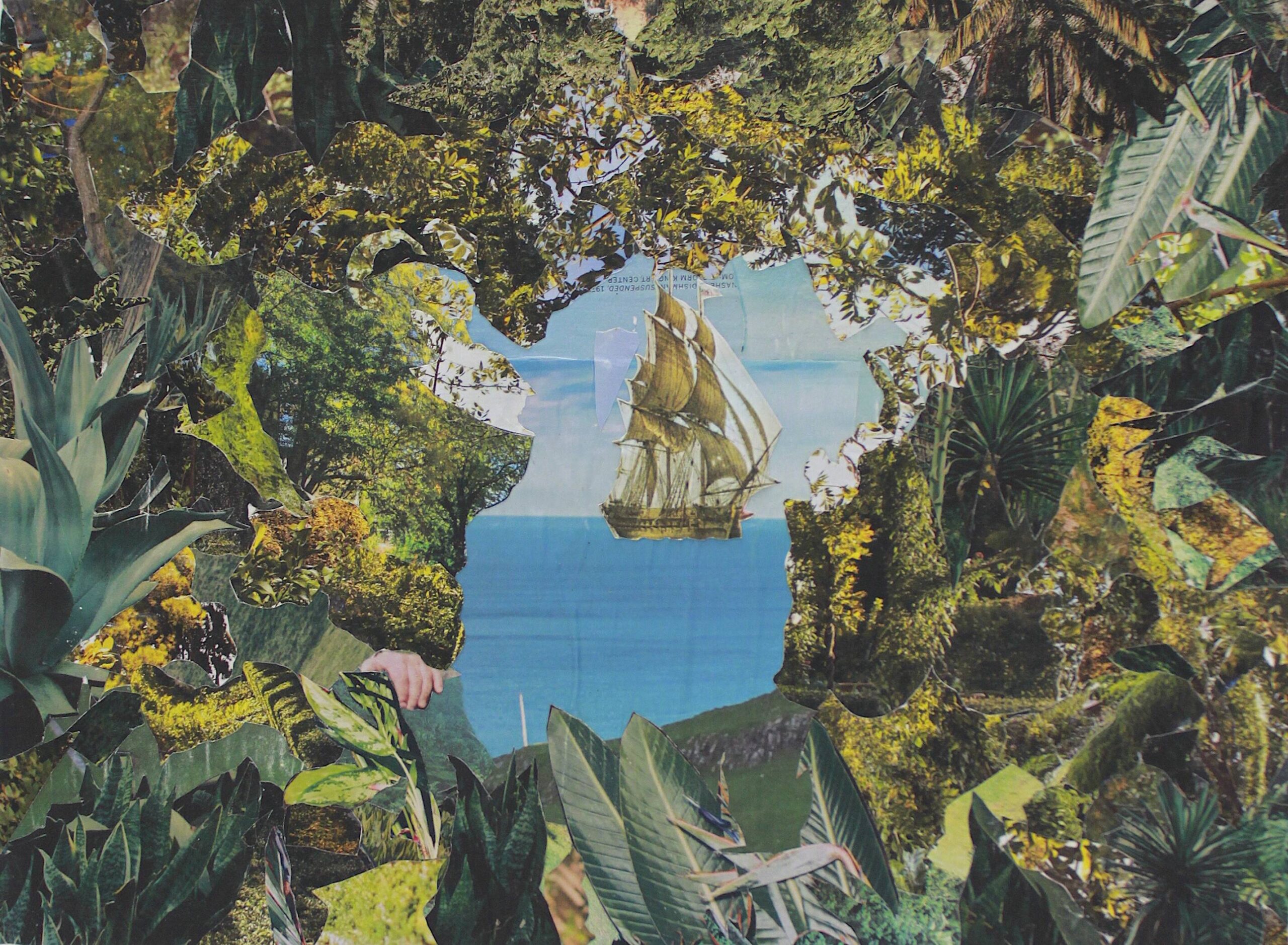 Lester Julian Merriweather, Untitled (Turn That Ship Away), from #BetterGardensAndJungles, 2022, cut- paper collage on canvas, courtesy of the artist. © Lester Julian Merriweather Lester Julian Merriweather, Untitled (Turn That Ship Away), from #BetterGardensAndJungles, 2022, cut- paper collage on canvas, courtesy of the artist. © Lester Julian Merriweather