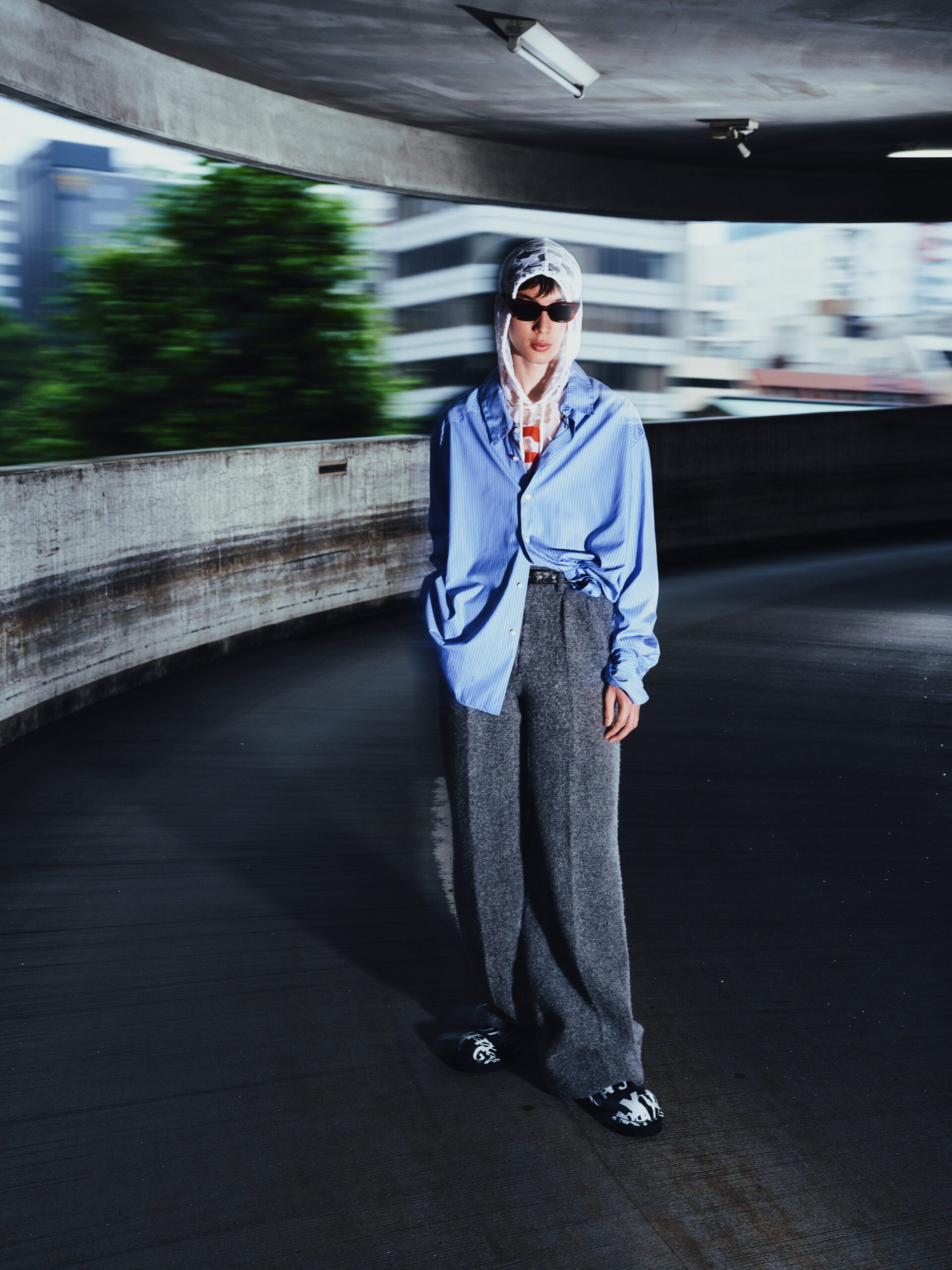 Shirt by LES SIX, hoodie by MASU, pants by PILLINGS, shoes by TAKAHIROMIYASHITATheSoloist., belt by MAGLIANO, glasses by GENTLE MONSTER.