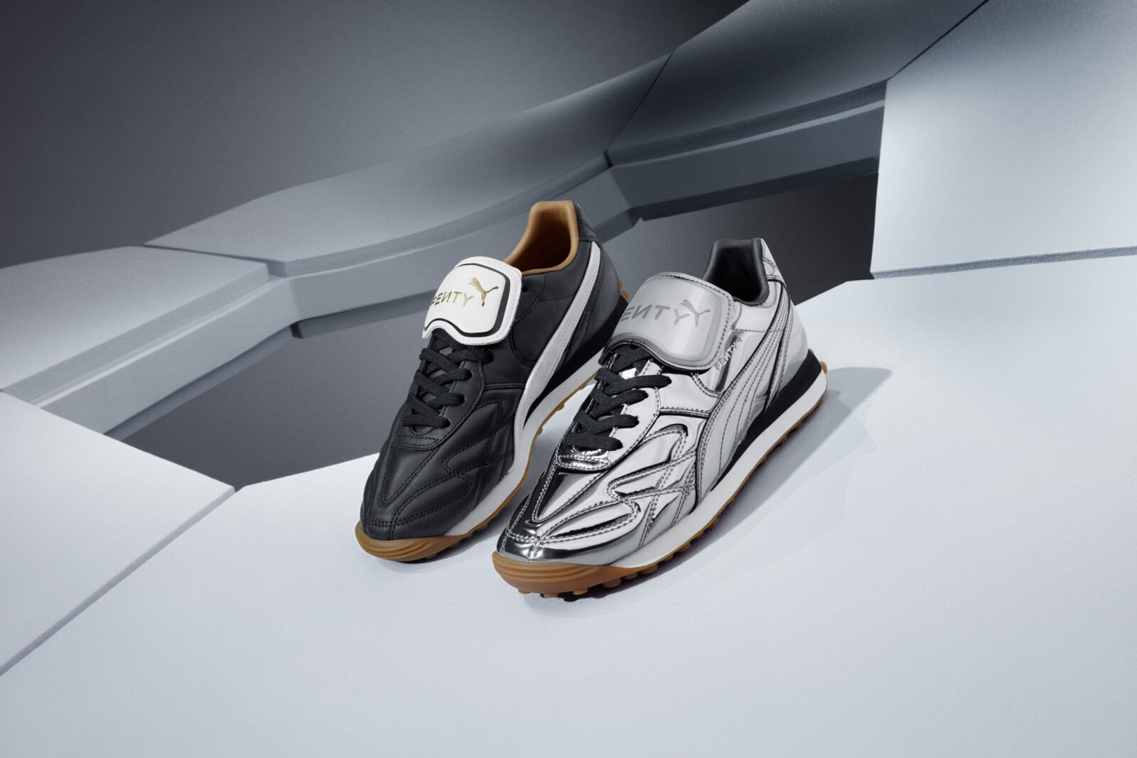 The FENTY x PUMA Avanti boasts vintage leather, a gold-foil FENTY and PUMA CAT logo, and pays homage to PUMA's football heritage.
