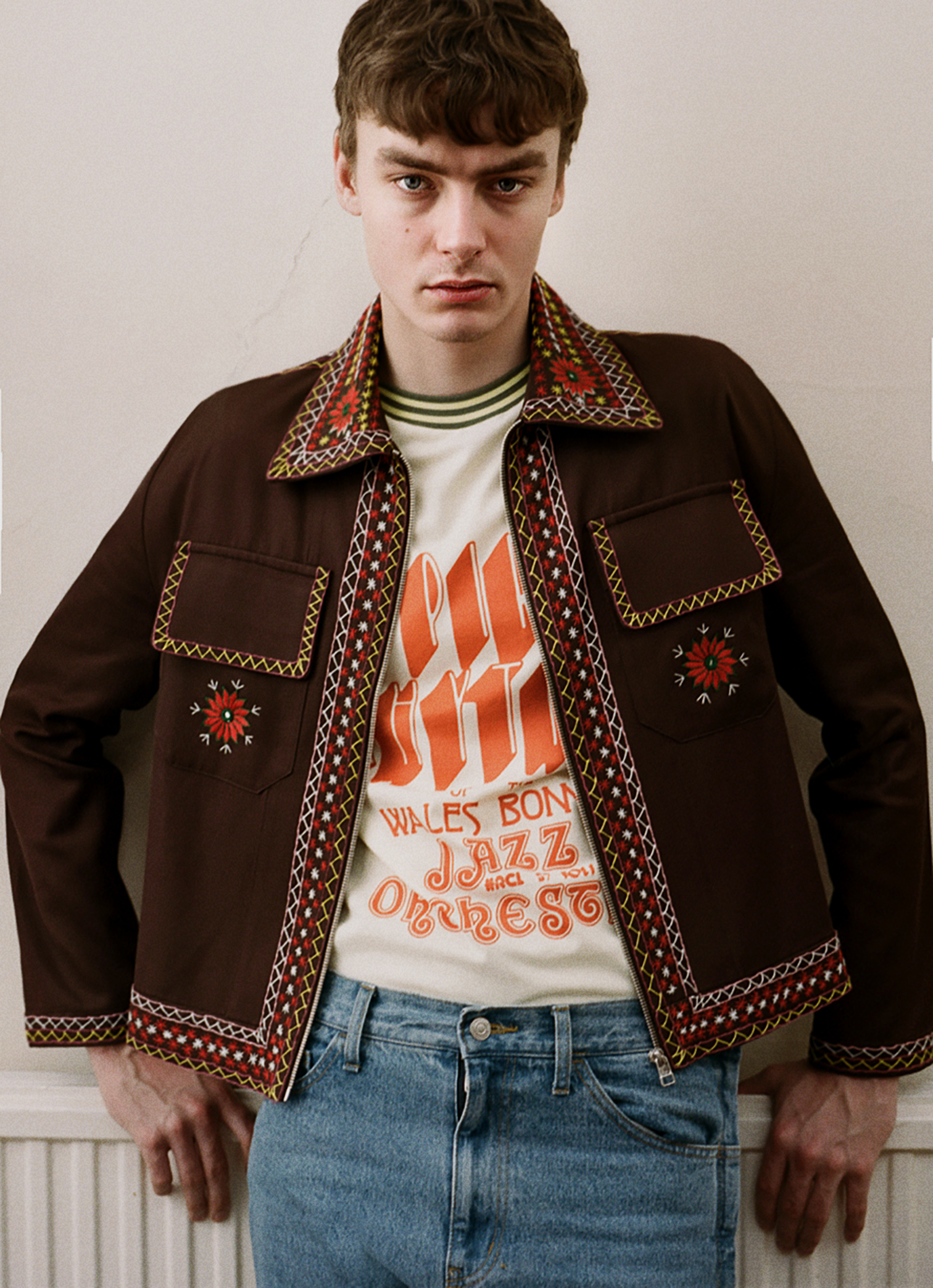 Jacket by BLUE MARBLE, top by WALES BONNER, jeans by TOGA VIRILIS