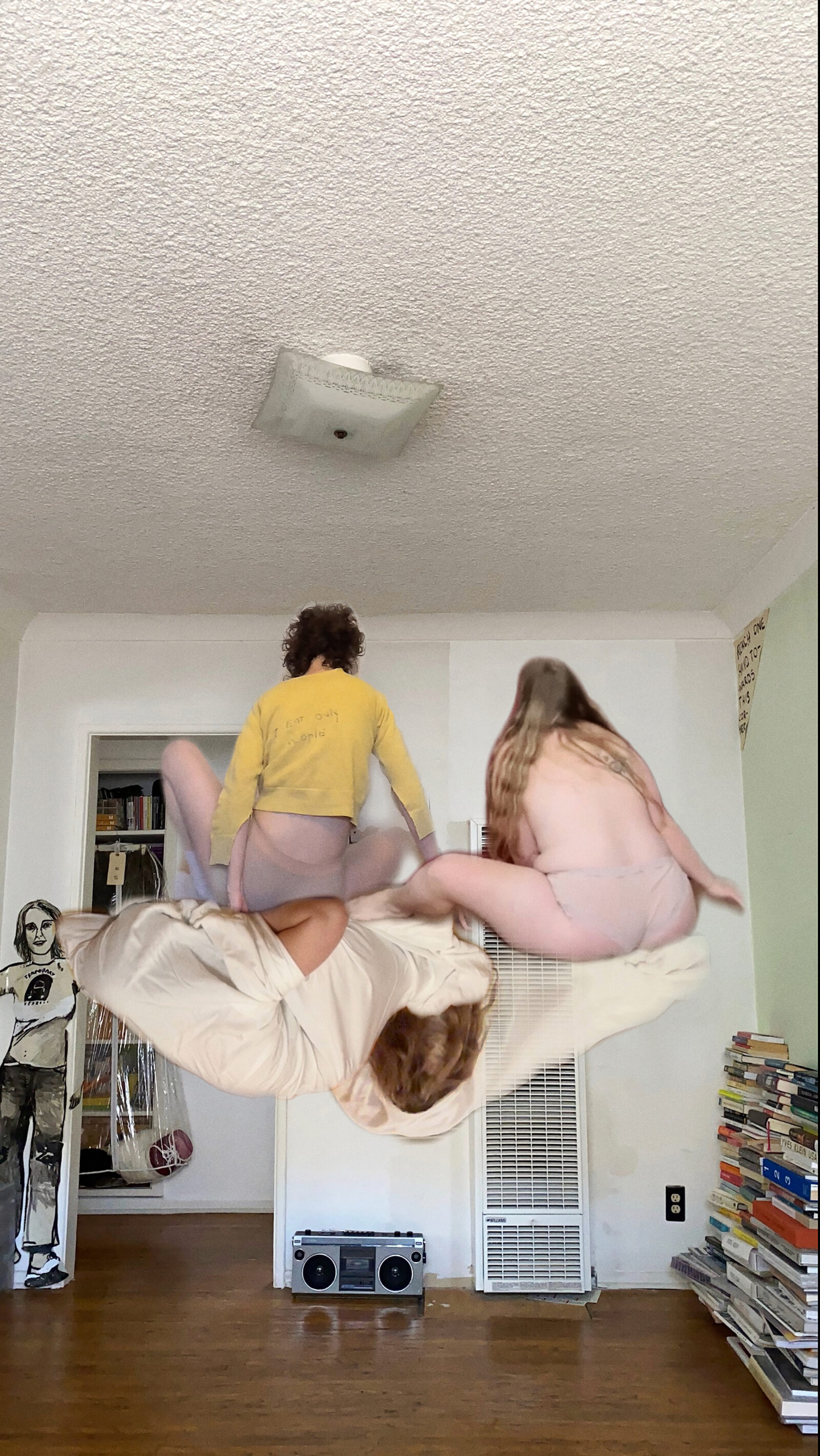 Miranda July July, @craigmontyjames (C.M. James), @donaldklee (Donald Lee), and @goatzfoot (Lisa Ziegenfuss) in F.A.M.I.L.Y. Boombox, 2024 Still from video Courtesy of Miranda July Studio