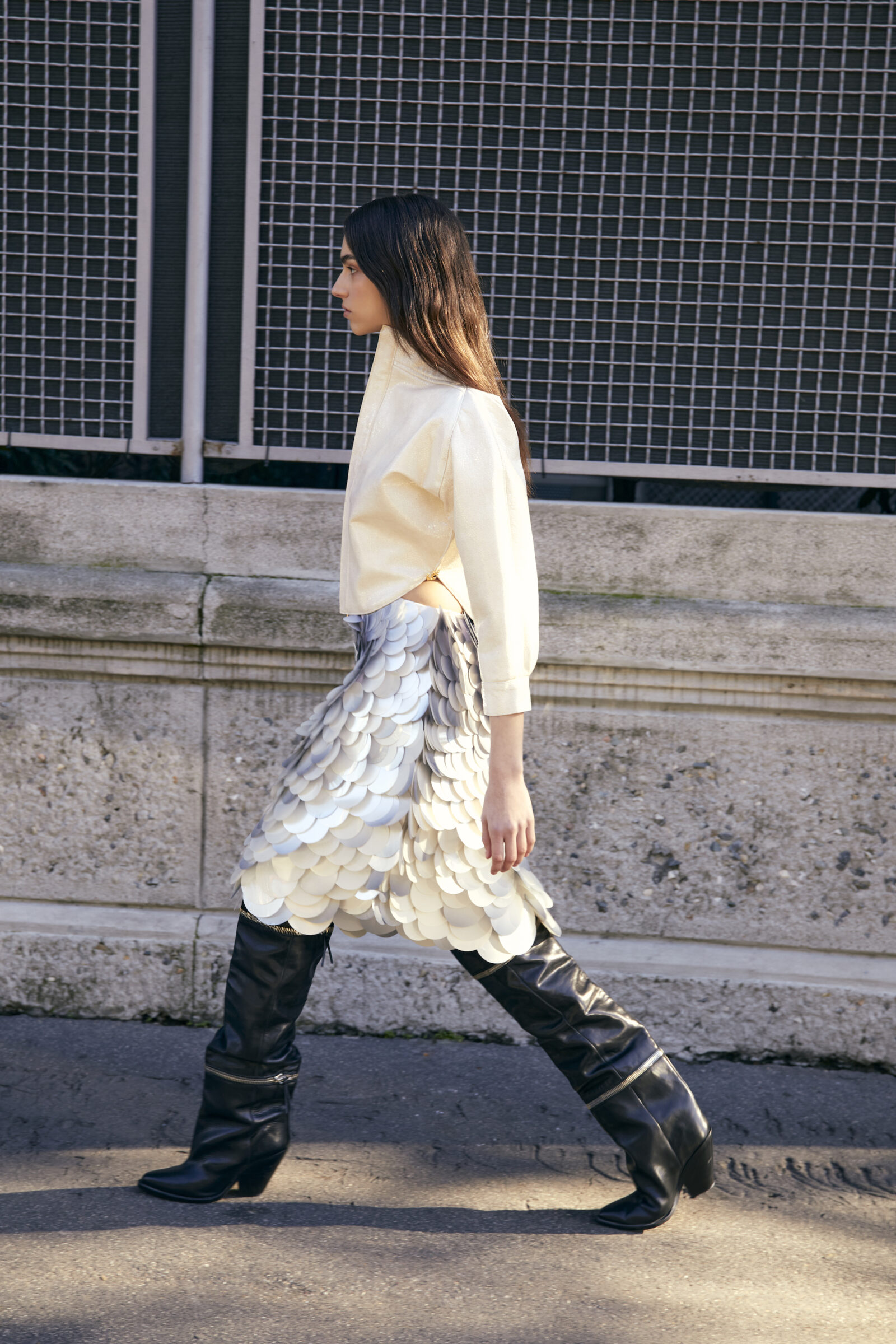 Full look by LOUIS VUITTON, shoes by ISABEL MARANT, jewelry by FONTENNOY