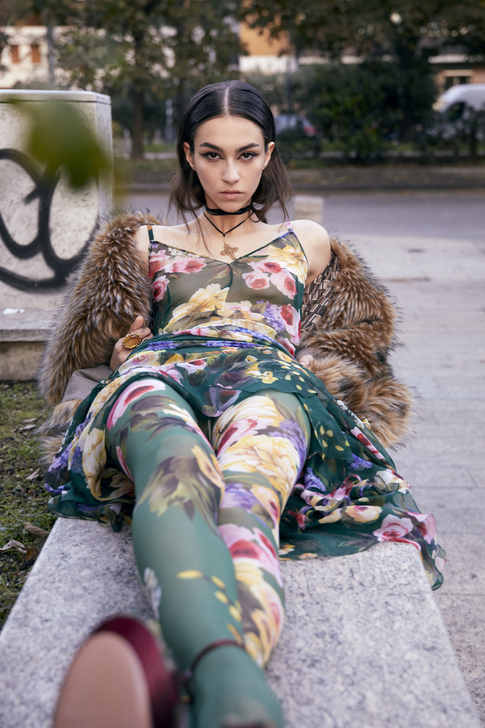 Dress and collant by DOLCE&GABBANA, fur by ANTONIO MARRAS, shoes by AQUAZZURRA, jewlery by ANEIS
