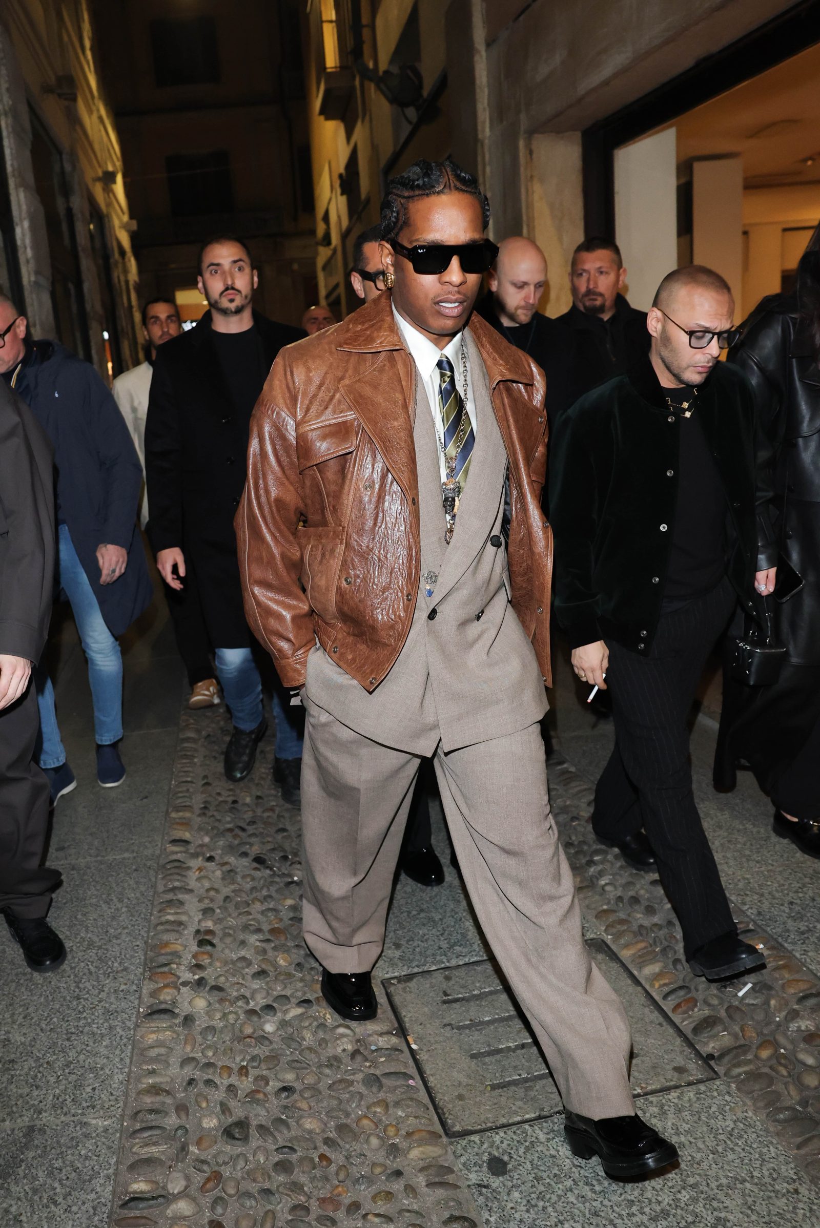 A$AP Rocky arrives at a Ray-Ban celebration dinner in Milan wearing Saint Laurent by Anthony Vaccarello, February 27, 2025. (Courtesy of Saint Laurent)