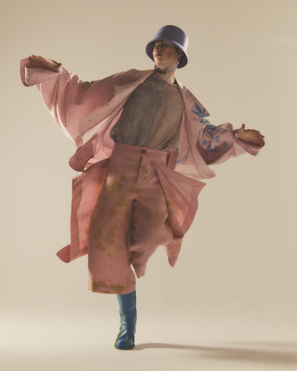 Jacket, shirt, culottes by MESSY DUKE, hat and boots by LICONG GONG