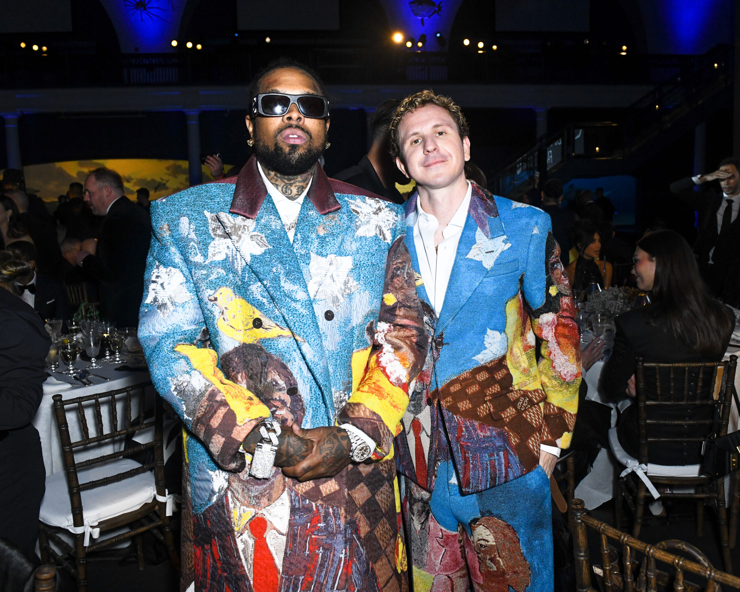 Rapper Westside Gunn and designer Colm Dillane make a vibrant statement in matching artistic looks from Louis Vuitton Men's FW23 at the CFDA 2023 Awards." Westside Gunn, Colm Dillane