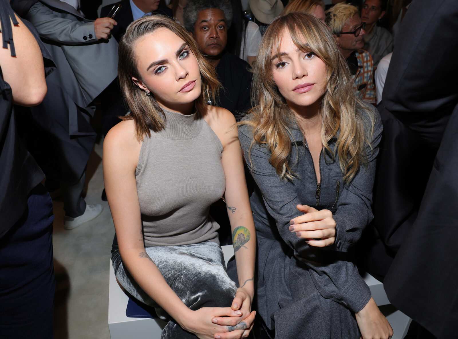 Cara Delevingne and Suki Waterhouse attend the Fendi Spring Summer 2024 fashion show on September 20, 2023 in Milan, Italy. (Photo by Jacopo M. Raule/Getty Images for Fendi)