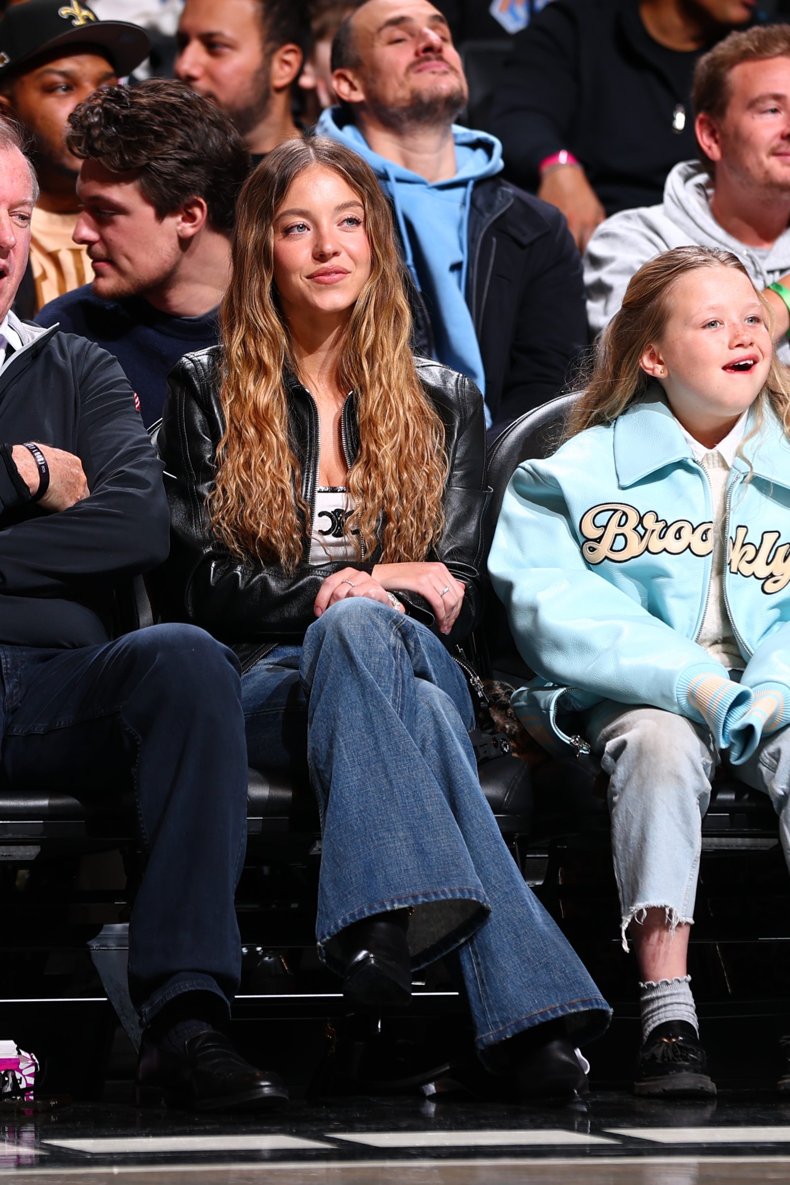 Sydney Sweeney courtside with Indiana Elle at the Knicks-Nets game, Barclays Center, Brooklyn. (Photo: David L. Nemec/NBAE via Getty Images)