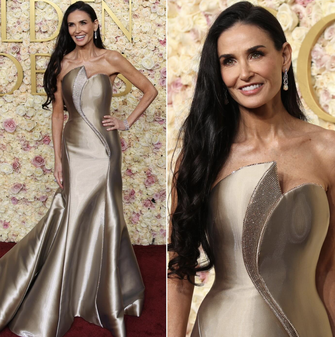 Demi Moore walks the 2025 Golden Globes red carpet in a shimmering champagne gown by Armani Privé (Photo: Instagram @redcarpetman)