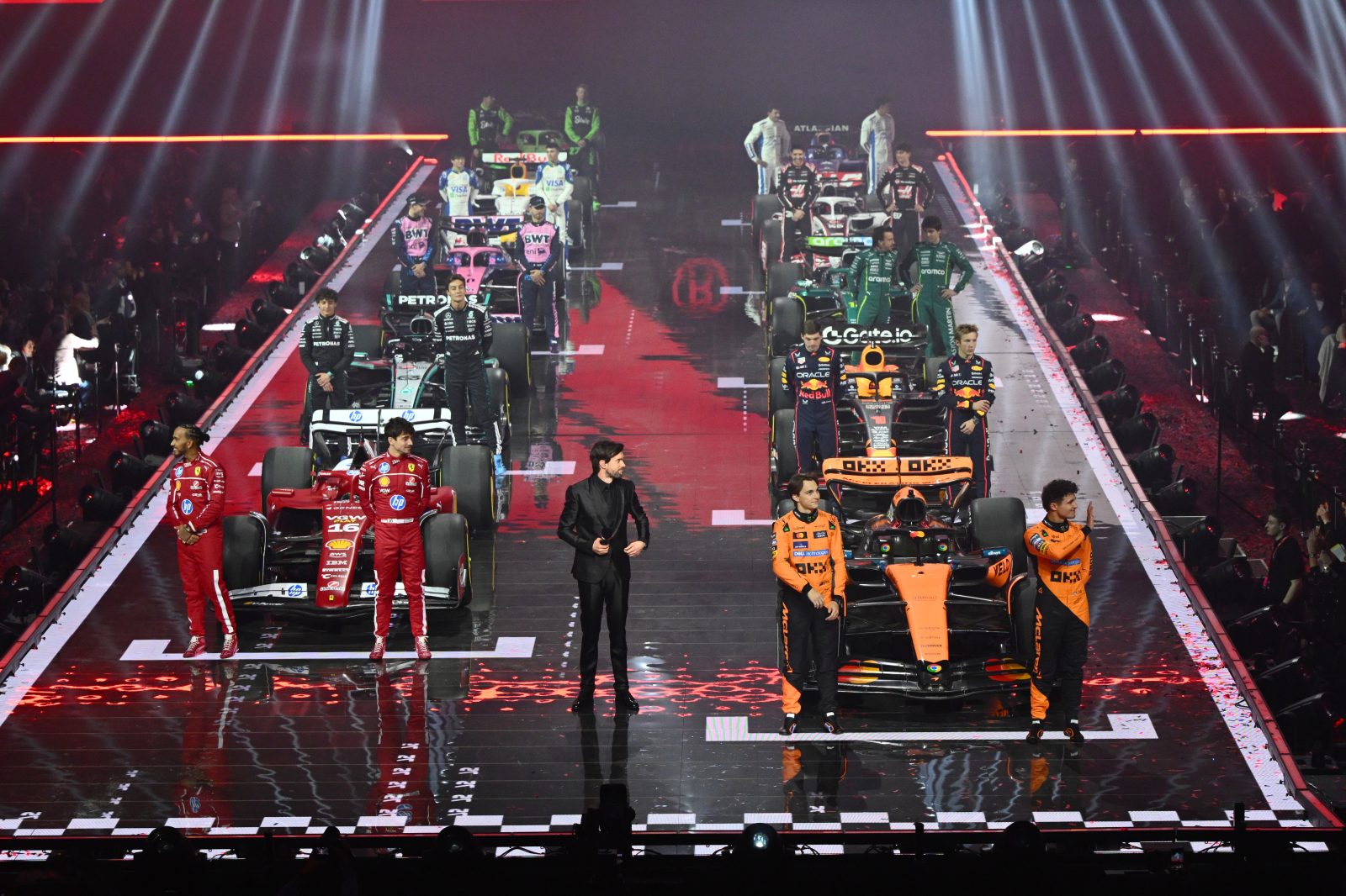 The 2025 drivers and their cars on stage with Jack Whitehall during F1 75 Live at The O2 Arena on February 18, 2025 in London, England. (Photo by Clive Mason - Formula 1/Formula 1 via Getty Images)