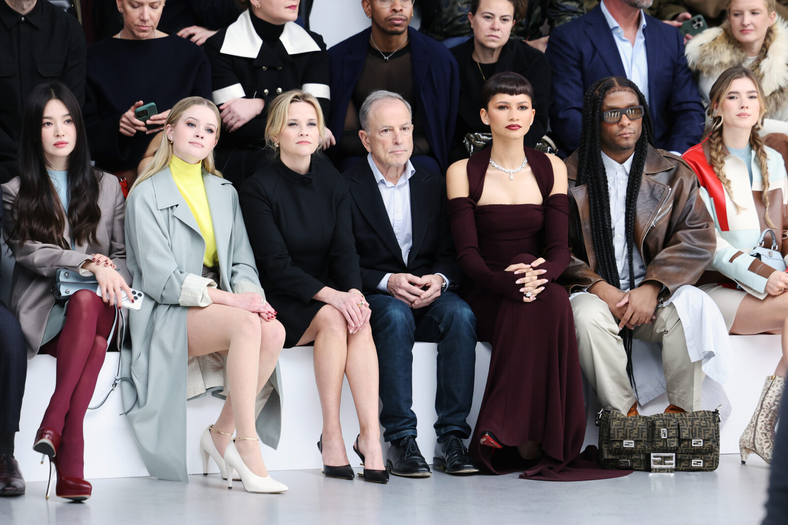 (L-R) Hyekyo Song, Ava Philippe, Resse Witherspoon, Michael Burke and Zendaya attend the Fendi Haute Couture Spring/Summer 2024 show as part of Paris Fashion Week on January 25, 2024 in Paris, France.