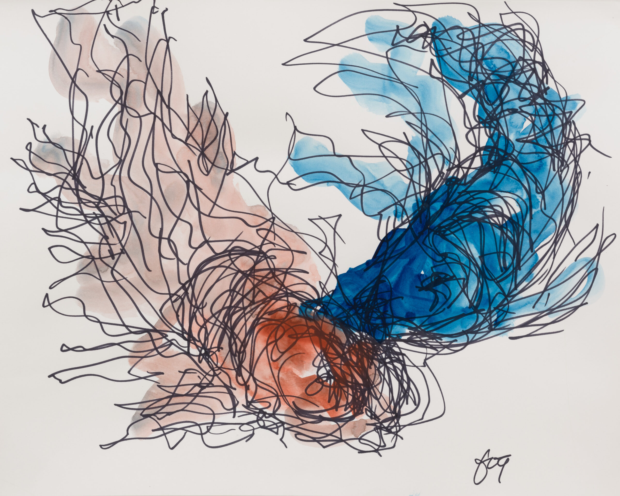 FRANK GEHRY Untitled (Rust and Blue Fish), 2022 Pen and watercolor on paper 10 1/2 x 13 3/4 inches (26.7 x 34.9 cm)
