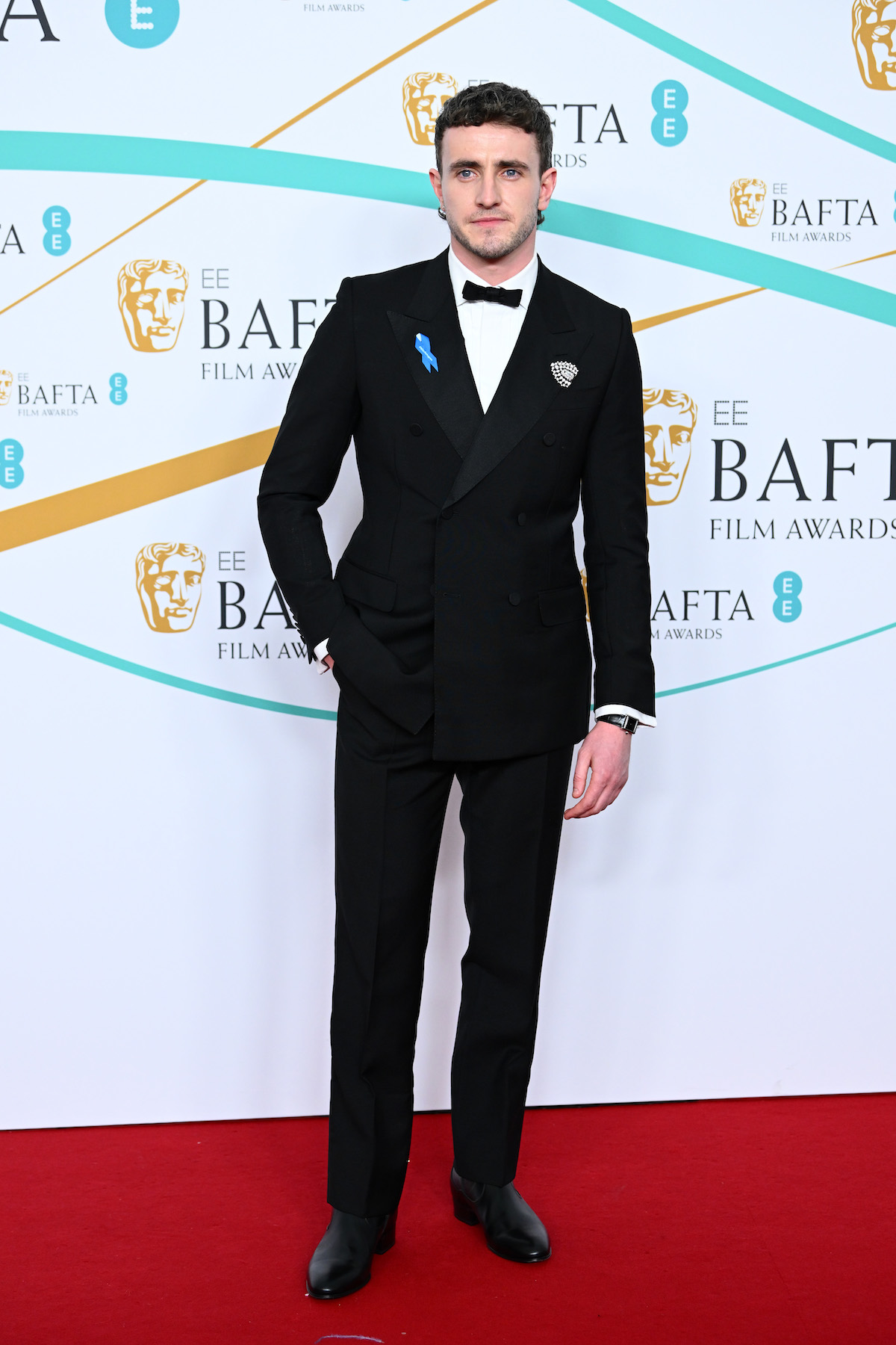 Paul Mescal, nominated for Leading Actor in Aftersun, wears a double-breasted tuxedo; image courtesy of Gucci. Paul Mescal
